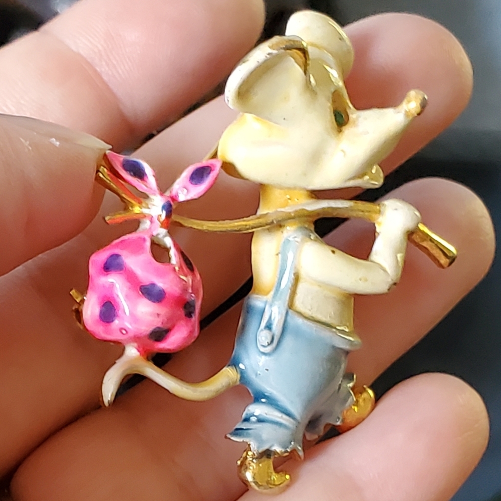 Vintage goldtone enamel hobo mouse brooch pin signed lind-gal 50's - Picture 8 of 10
